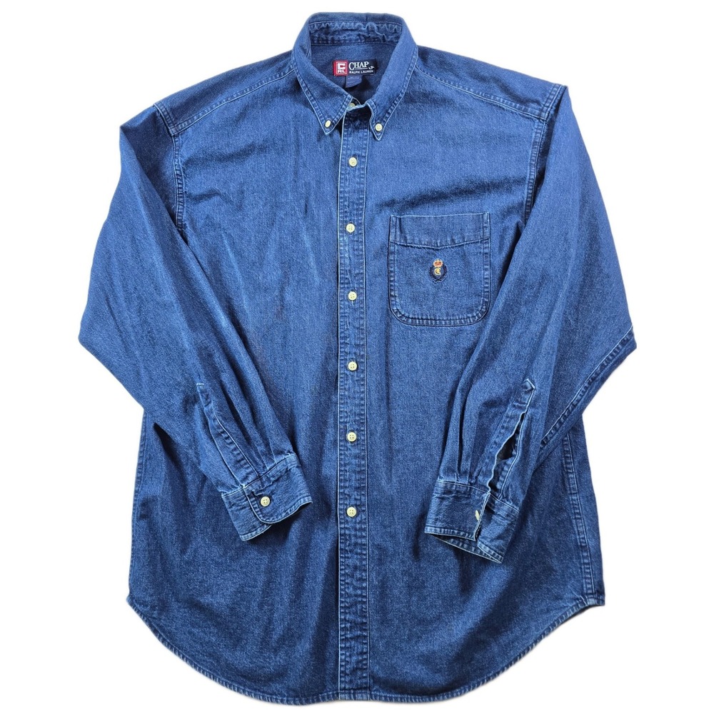 Vintage Chaps Ralph Lauren Denim Shirt Mens Large Blue Cotton Button Down Crest